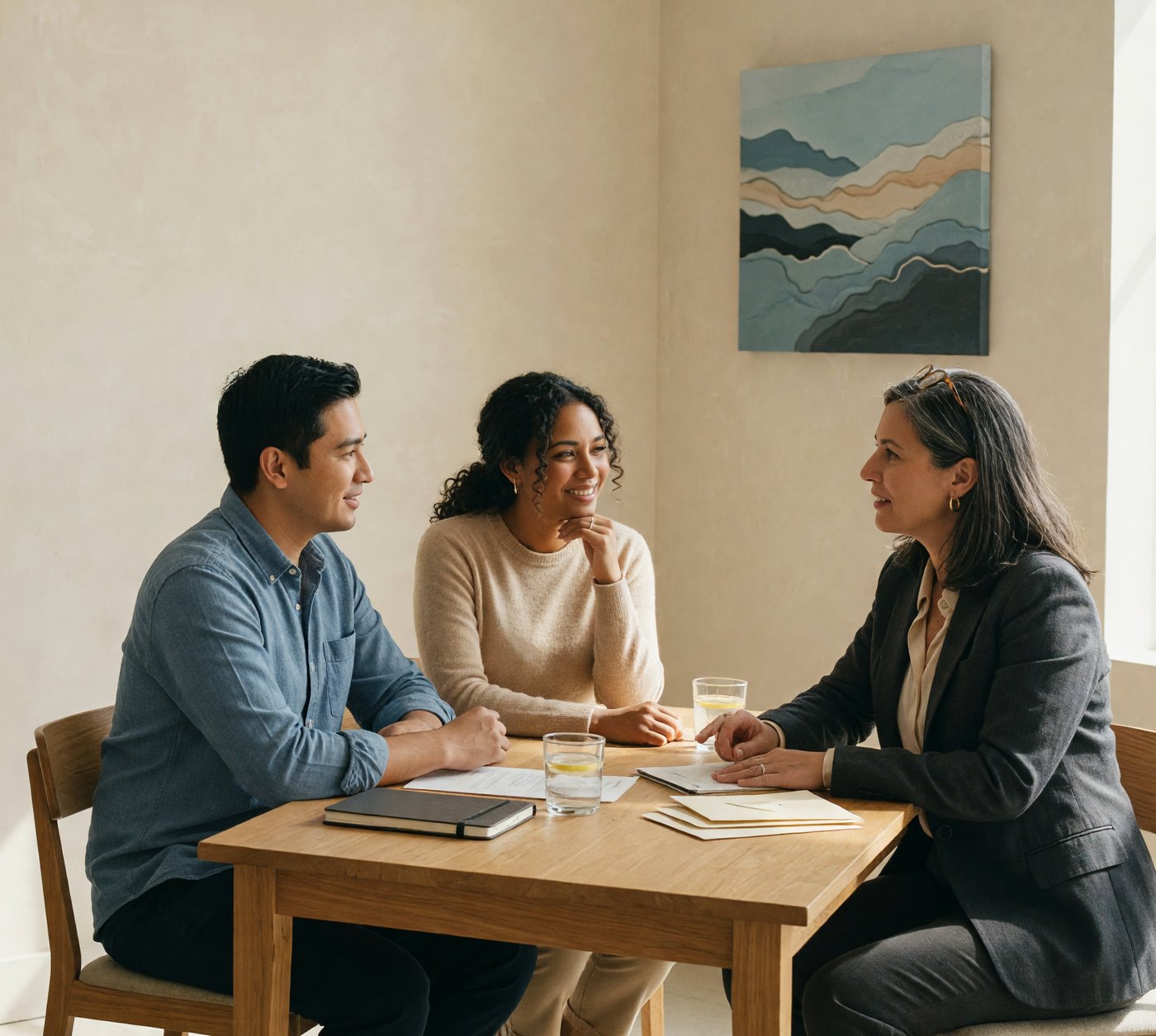 Two clients meeting with their attorney around a table.