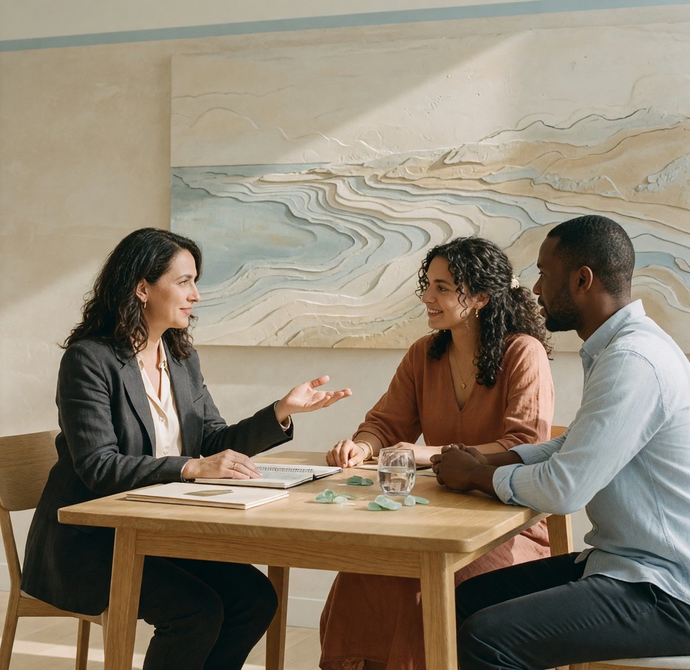 A couple in conversation with their attorney.