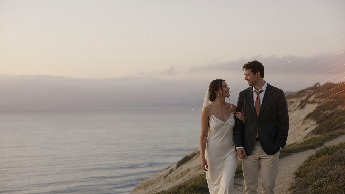 A couple walking a coastal bluff at sunset.